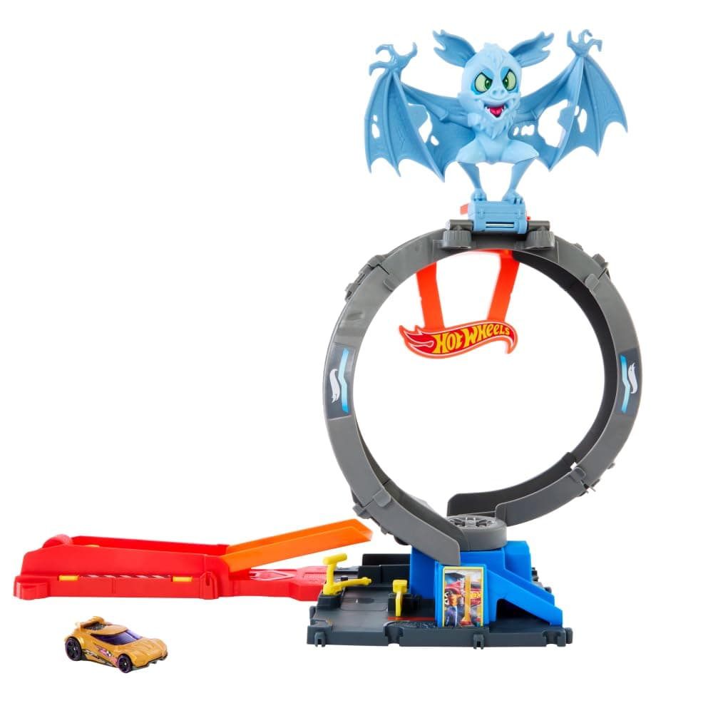 City Toy Car Track Set, Bat Loop Attack with Adjustable Loop & Launcher, 1:64 Scale Vehicle, Connects to Other Sets