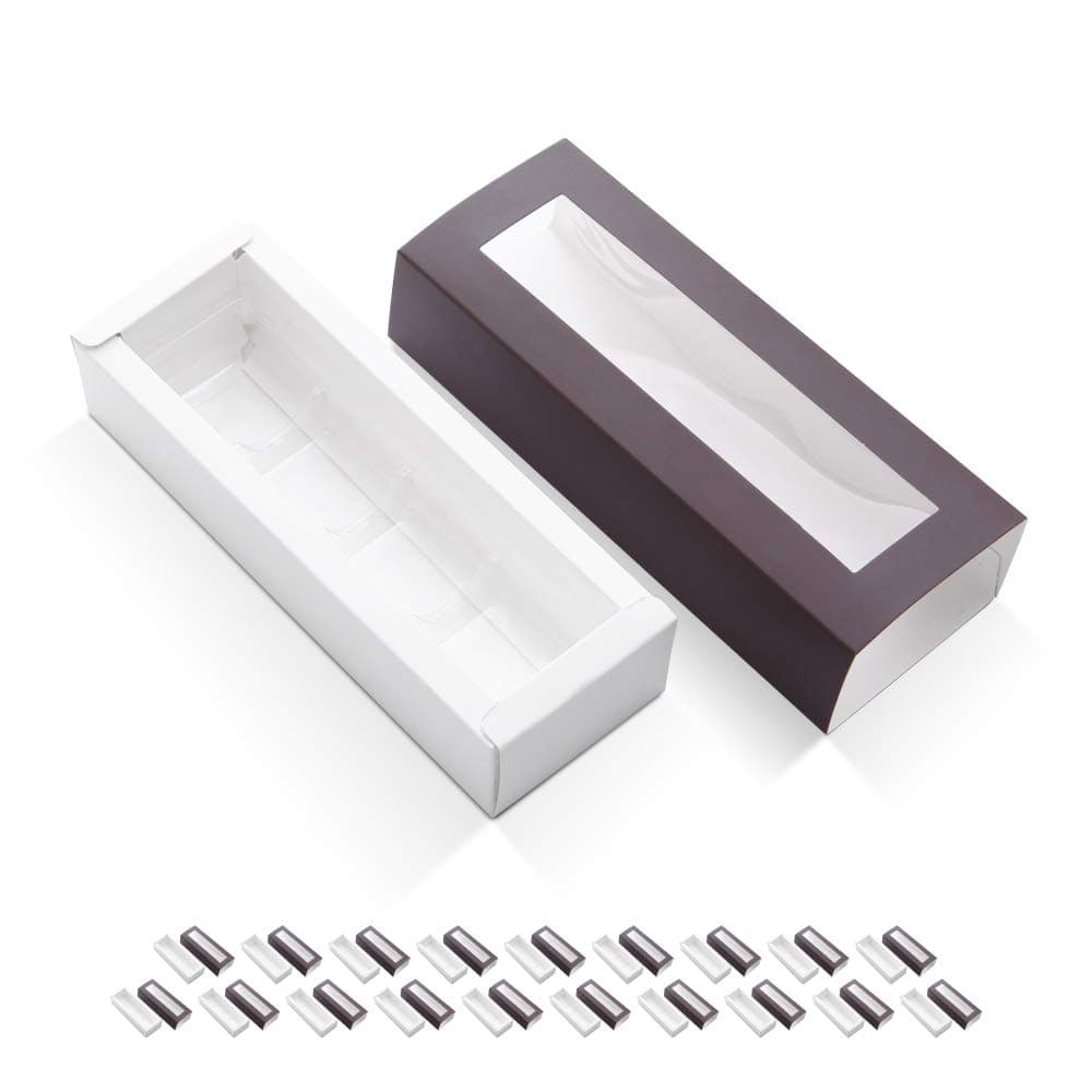 20 Truffle Boxes, Chocolate Boxes, Candy Box Packaging with 4-Piece Plastics Tray(Tray Size with 5.75x1.25 Inches), Pull Out Packing with Clear Window Sleeves, Dark Brown