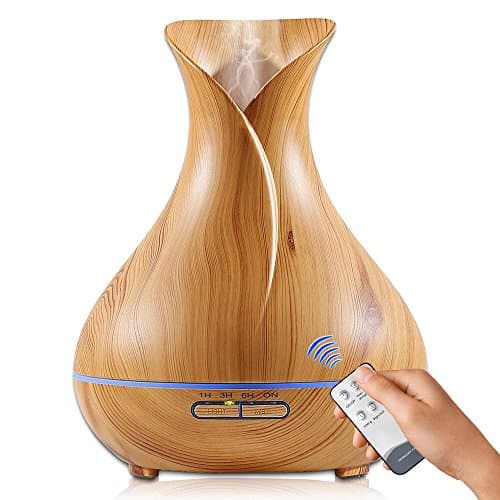 Essential Oil Diffuser- Remote Control 400mL Aroma diffuser Wood Grain Ultrasonic Cool Mist Humidifier with Waterless Auto Shut-off, 7 color LED Lights for Bedroom Living Room Spa Baby (Brown- RC)
