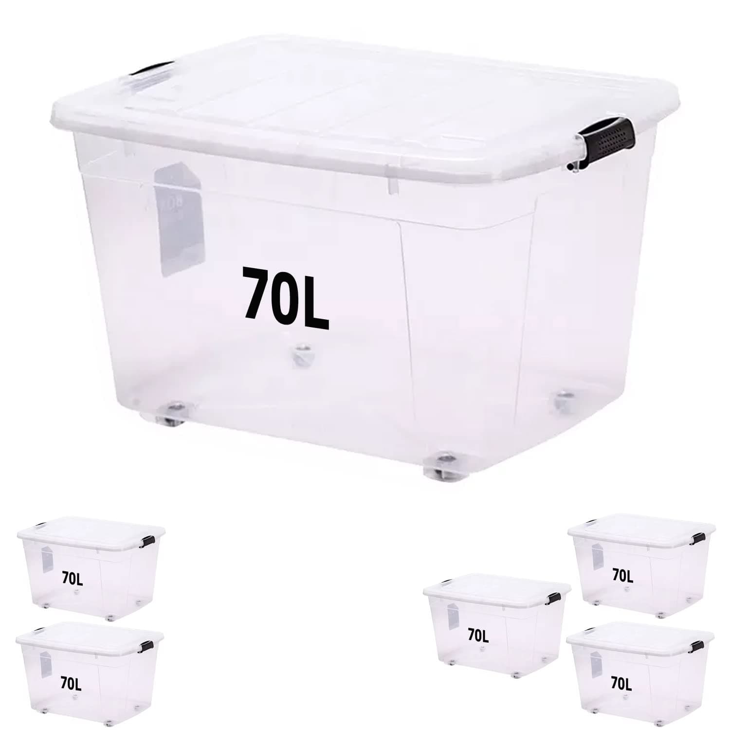 Premify Storage Box 70 L With Lockable Lid & Wheels Clear Plastic Organizer โ Transparent Box Storing Clothes, Toys, Tools, Medicine, Office Supplies, Documents, Arts & Crafts, Kitchen Etc.