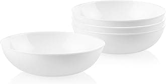 4-Pc Meal Bowls Set Service for 4, Durable and Eco-Friendly 9-1/4-Inch Glass Bowls, Compact Stack Bowl Set, Microwave and Dishwasher Safe, White, 46 Ounces