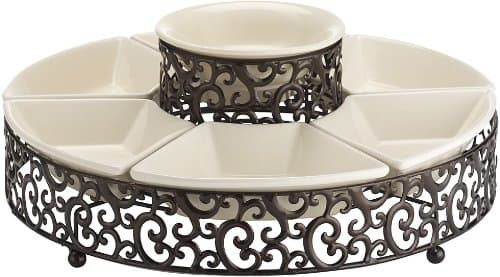 Attractive Round 7-section Ceramic Chip and Dip Serving Dish on Scroll Designed Pressed Metal Base ~ Party Centerpiece