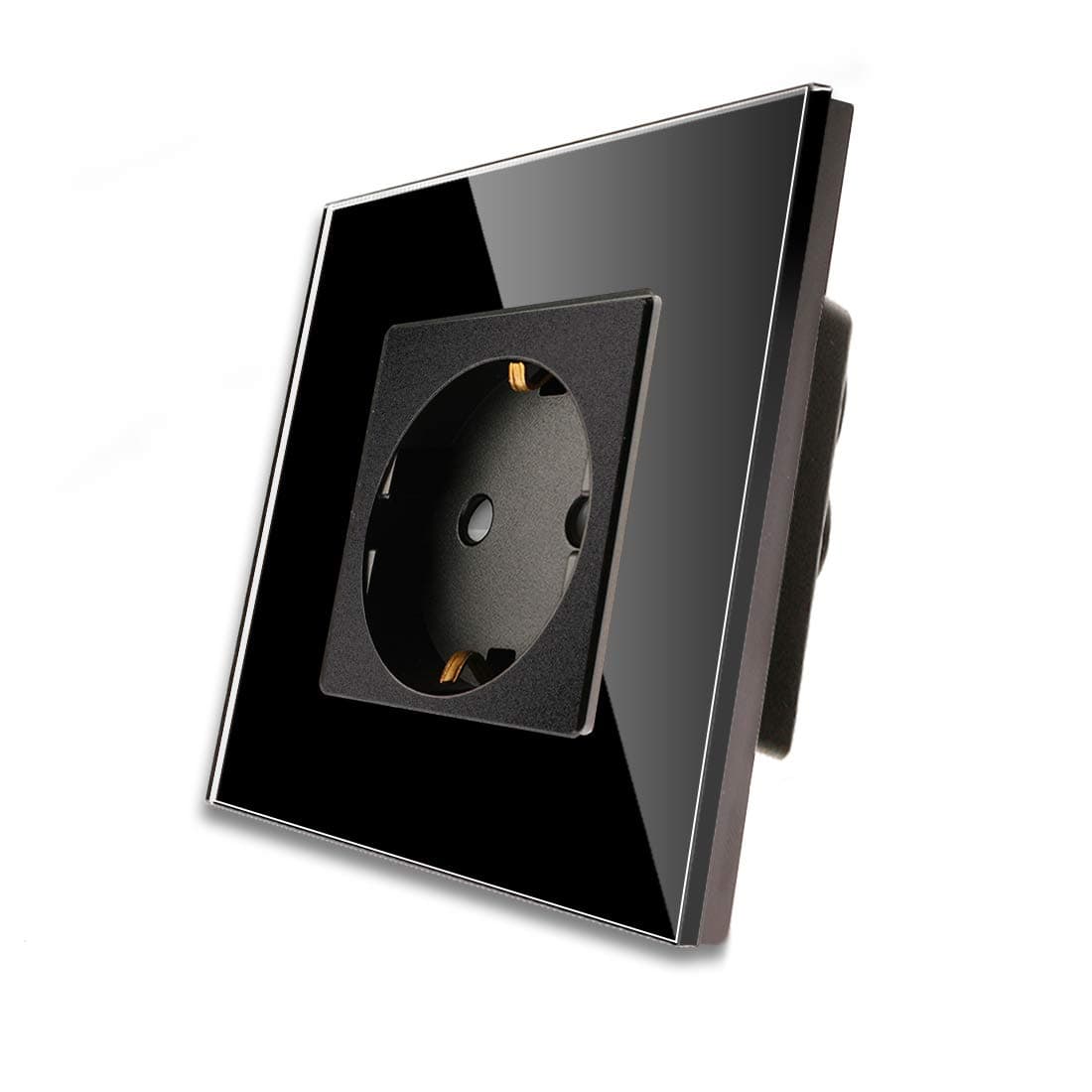 CNBINGO Glass Schuko Socket Flush-Mounted, Single Socket, Black, Wall Socket Simple with Glass Frame