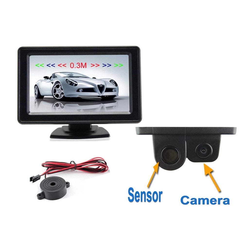 Car Backup Camera System with Radar Parking Sensor Buzzer and 4.3 inch LCD Display, Distance Detection, Reversing Reverse Rear View Camera, 170 Degree Wide View, Support 12V