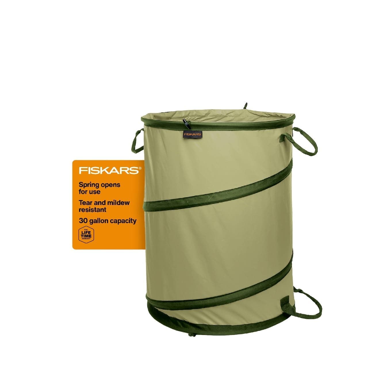 Fiskars Kangaroo Collapsible Spring Up Garden Bag for Yard Waste, Grass, Branches & Weeds, Tear & Mildew Resistant Vinyl-Coated Polyester, Folds Flat to 3 Inches for Space-Saving Storage, 30 Gallon