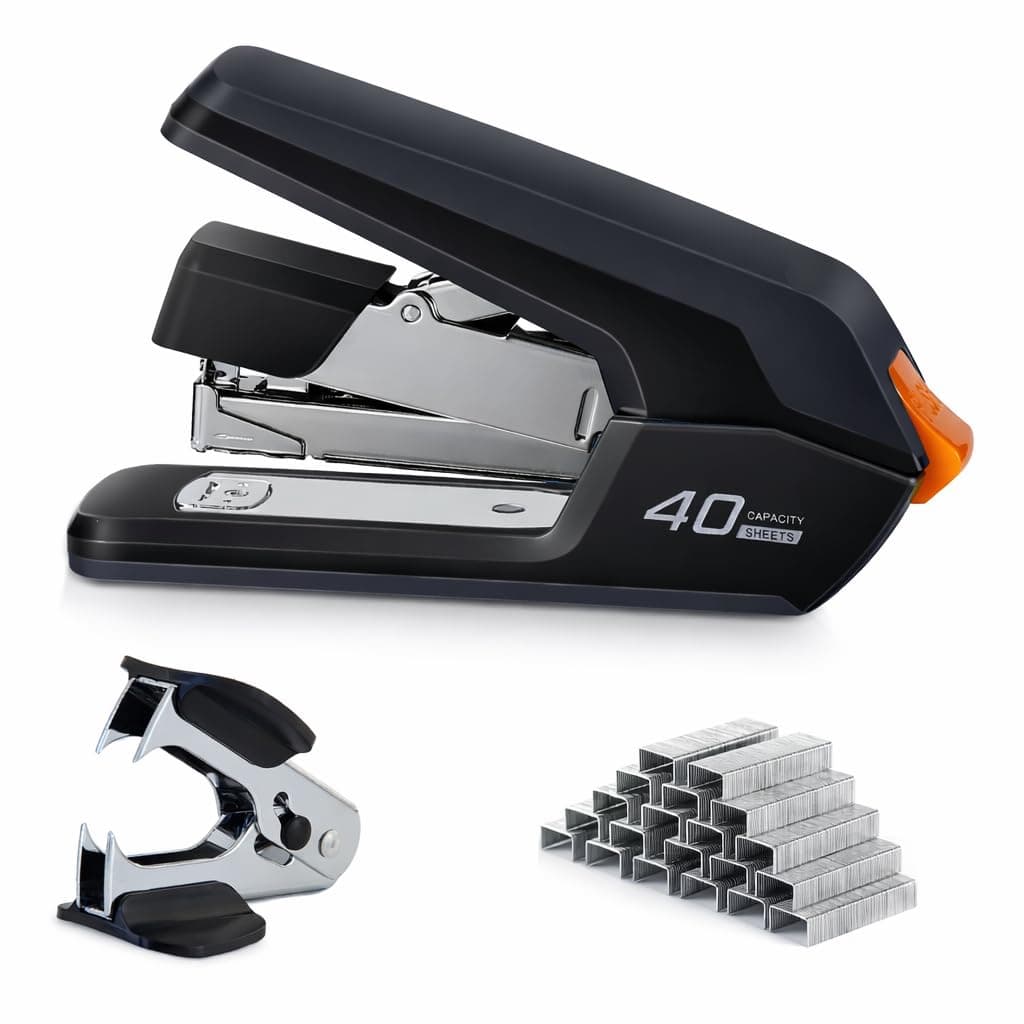 Effortless Desktop Stapler, 40 Sheet Capacity, One Finger Touch Stapling, Easy to Load Ergonomic Heavy Duty Stapler, Includes 1500 Staples and Staple Remover