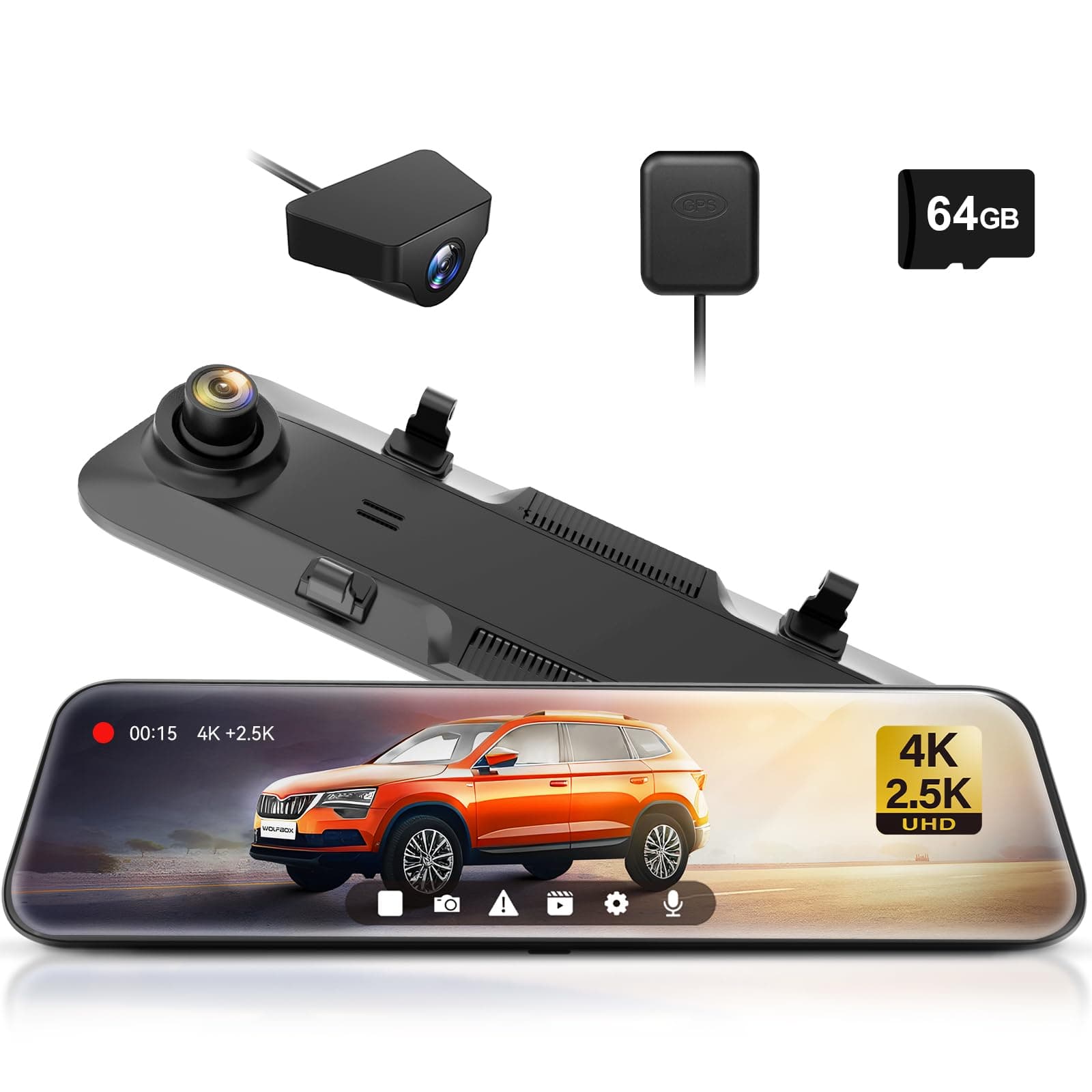 WOLFBOX Dash Camera, Mirror Type, Front 4K + Rear 2.5K, 12 Inch LCD Large Screen, 64 GB Card, Digital Inner Mirror, 170° Wide Angle, GPS, HDR & WDR Included, Ultra Clear Night Shooting, Waterproof,