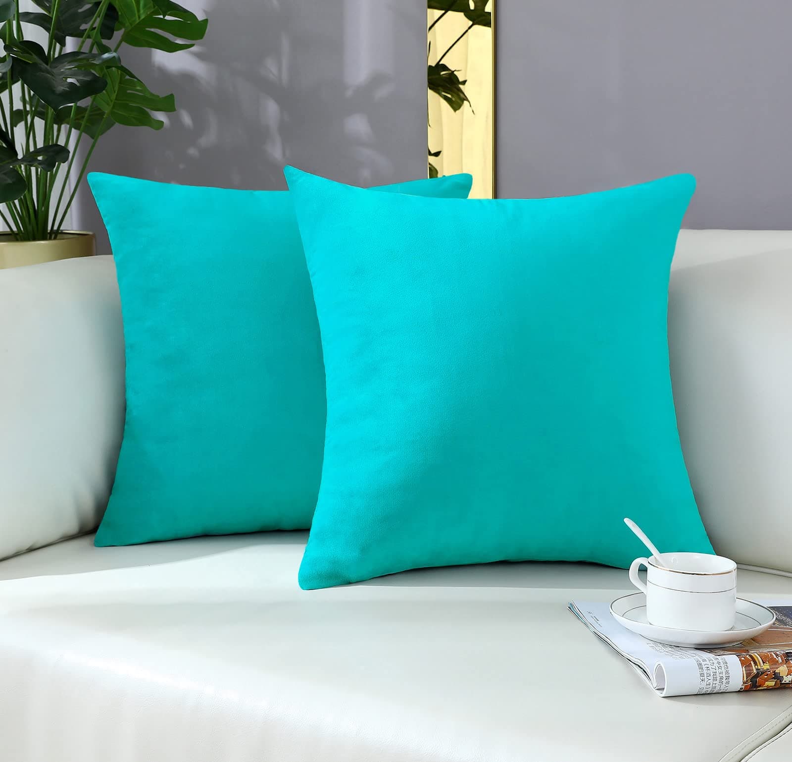mixeoo Comfy Turquoise Throw Pillow Covers Decorative Square Solid Thick Velvet Super Soft Cushion Cases Home Decor for Sofa Couch Living Room Chair, Set of 2, 16 x 16 Inch