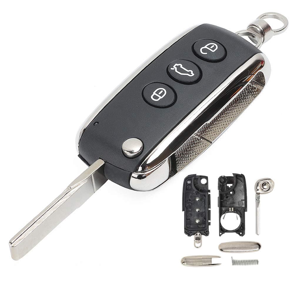 Keyecu Flip Remote Key Shell Case Fob 3 Button for Bentley Continental GT GTC Mulsanne 2004-2016 P/N: KR55WK45032 (3 Button)