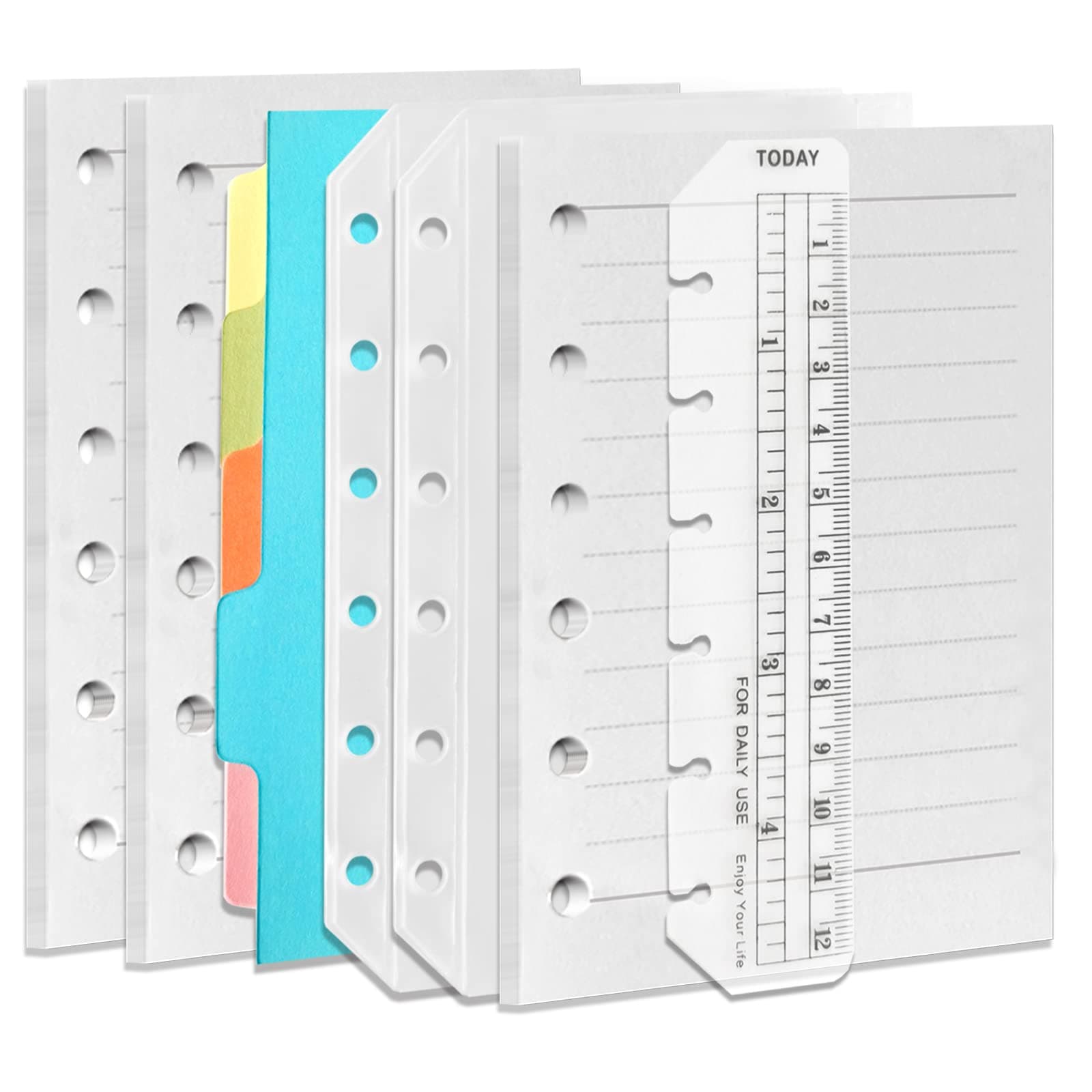 Refillable A7 Notebook Set, 3 Pack Lined Refill Paper, A7 Clear Zipper Binder Pockets, Dividers, Ruler Marker, Paper Refill for 6-Ring Binders Planner Notebook