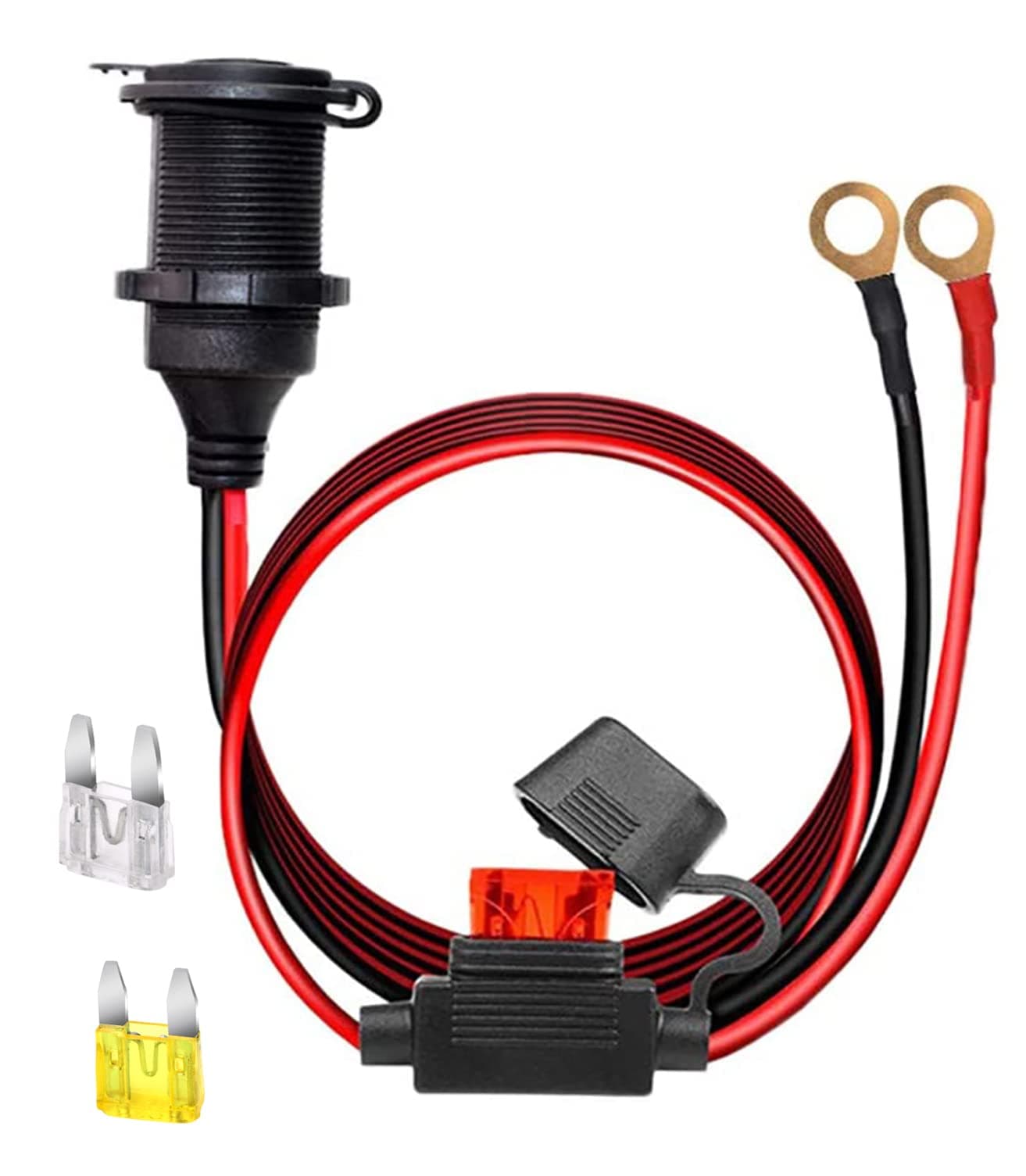 12V/24V Fixed Thread Cigarette Lighter Socket Extension Cable with Perforated Terminal Direct Battery Type car Adapter 2.5mm² 20A Heavy Duty Cable 10FT(Free Two Blade fuses)