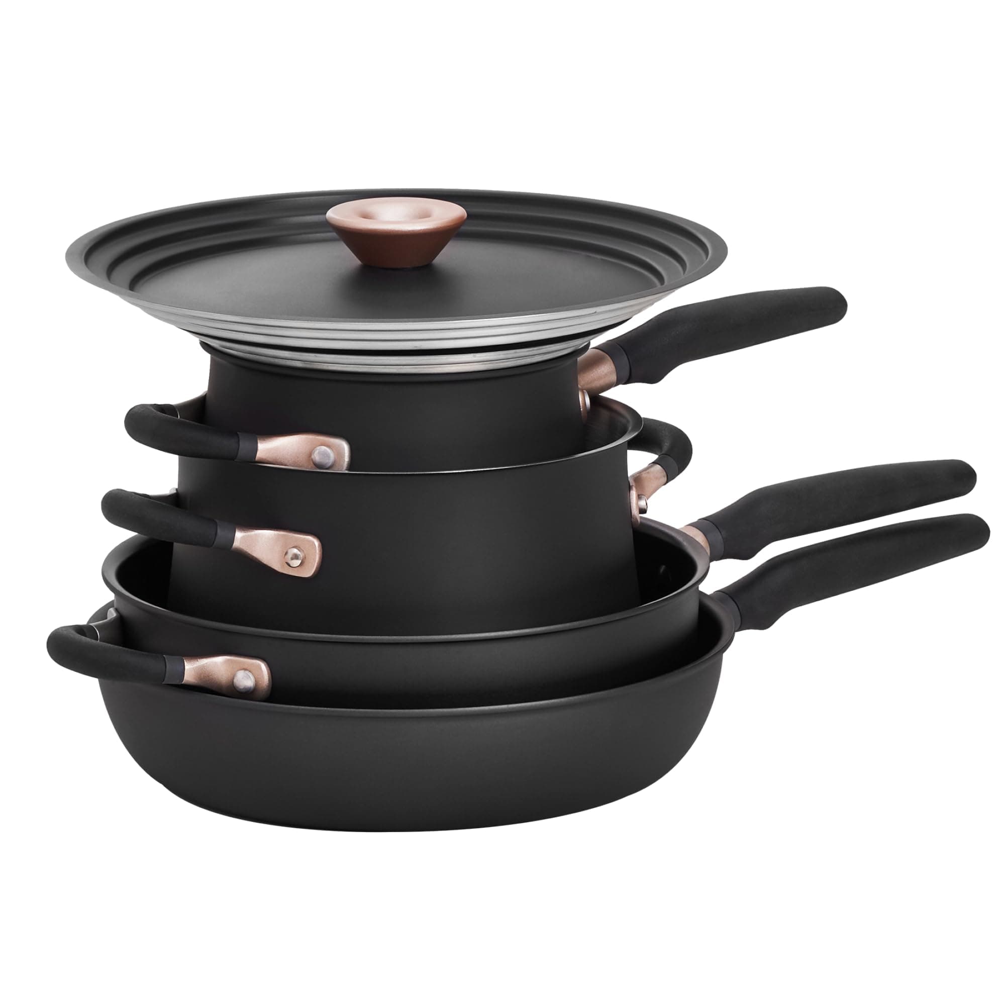 Accent Induction Hob Pan Set Non Stick - 6 Piece Stackable Pots and Pans Set with Universal Lids & Anti Spill Shape, Black, Stainless Steel & Non Stick