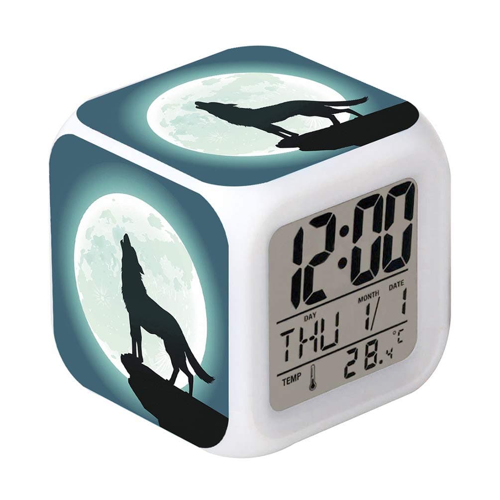 Led Alarm Clock Wolf Moon Design Creative Desk Table Clock Glowing Electronic colorful Digital Alarm Clock for Unisex Adults Kids Toy Birthday Present Gift