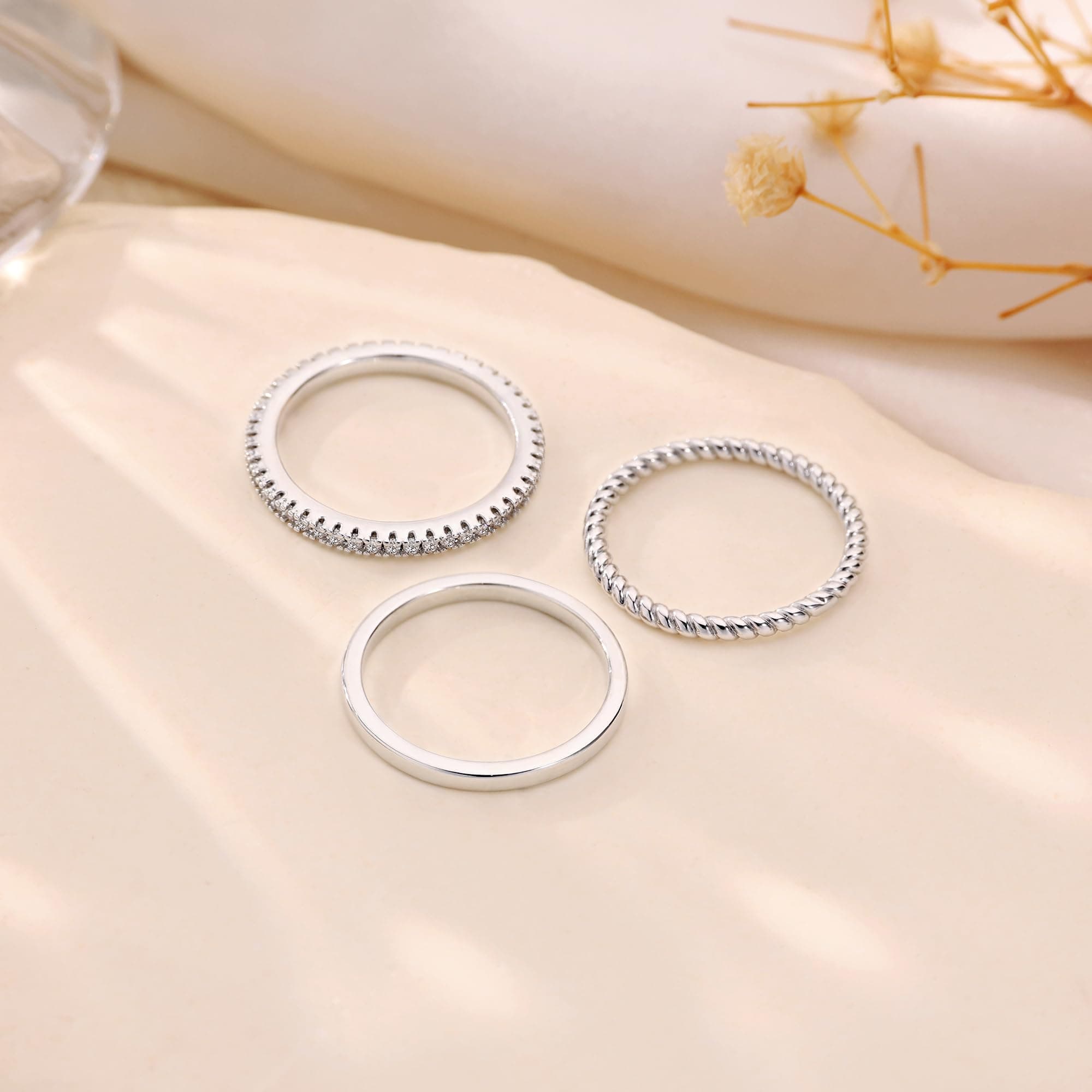 Moodear 3PCS Thin Stackable Ring Set - Dainty 14K Gold Plated Thumb CZ Rings for Women Non Tarnish Size 5-12