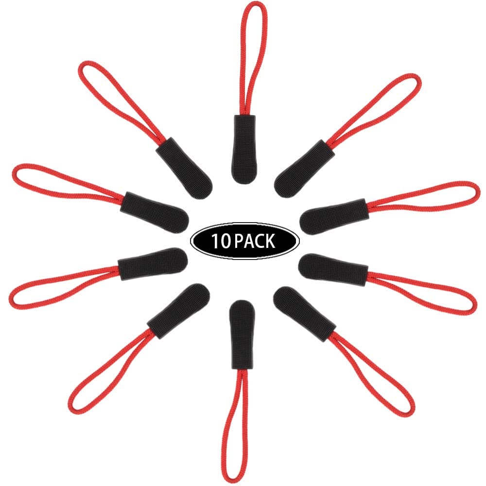CTZD Durable Cord Zipper Pulls Pull Tab Zipper Replacement for Purses,Backpacks, Luggage, Clothing(Black Red,10 Pack