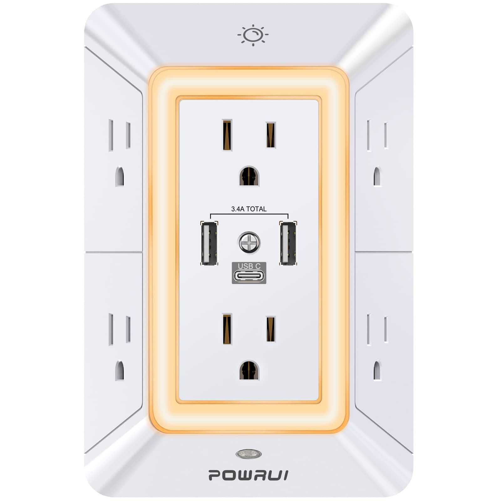Multi Plug Outlet Surge Protector - 6 Outlet Extender with 3 USB Ports (1 USB C) and Night Light, 3-Sided Power Strip with Adapter Spaced Outlets - White,ETL Listed