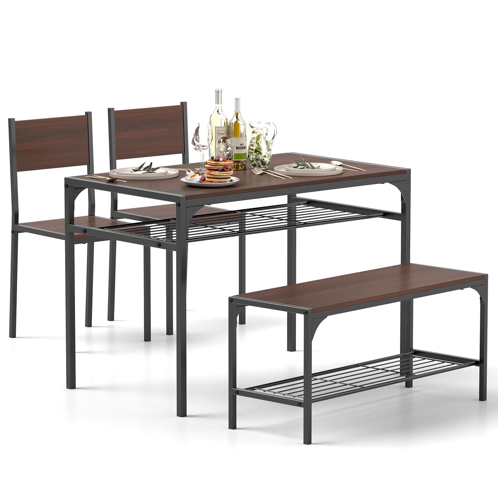 Tangkula Dining Table Set for 4, Kitchen Table and 2 Chairs for 4 with Bench, Additonal Storage Rack, 4 Piece Dining Table Set for Small Space, Apartment