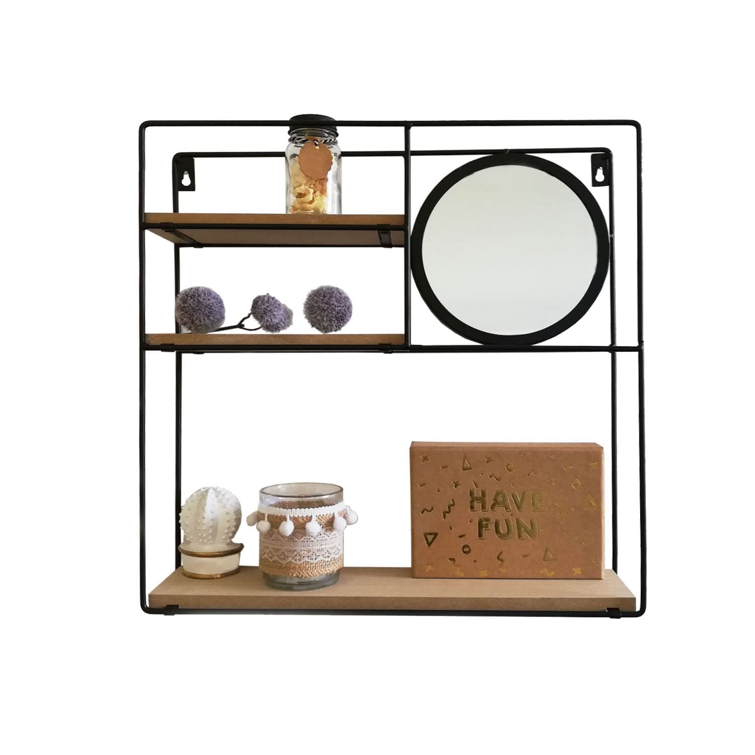 Wall shelf with round mirror.