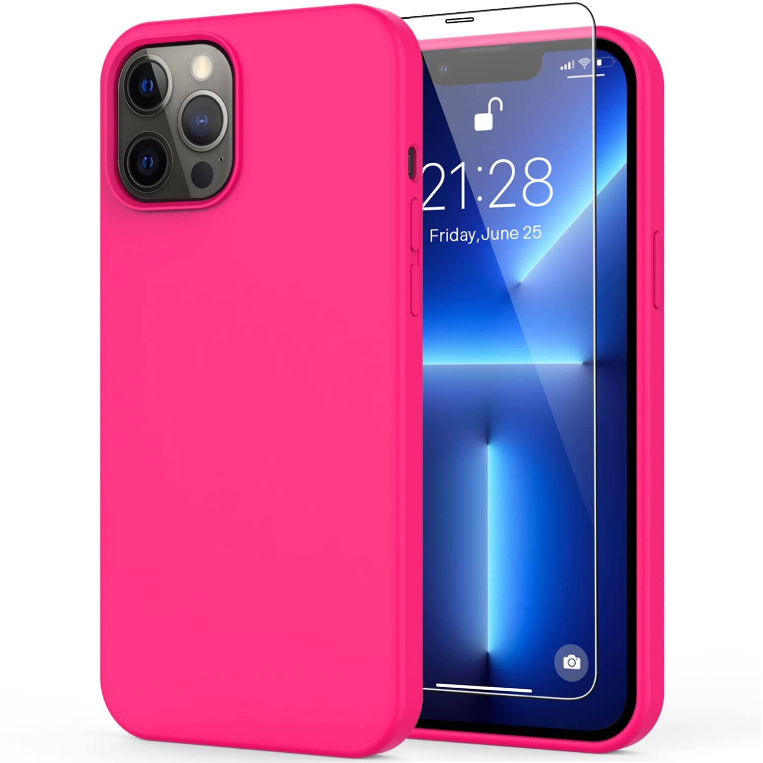DEENAKIN Compatible with iPhone 13 Pro Max Case with Screen Protector,Soft Flexible Silicone Gel Rubber Bumper Cover,Slim Fit Shockproof Protective Phone Case for Women Girls 6.7" Hot Pink