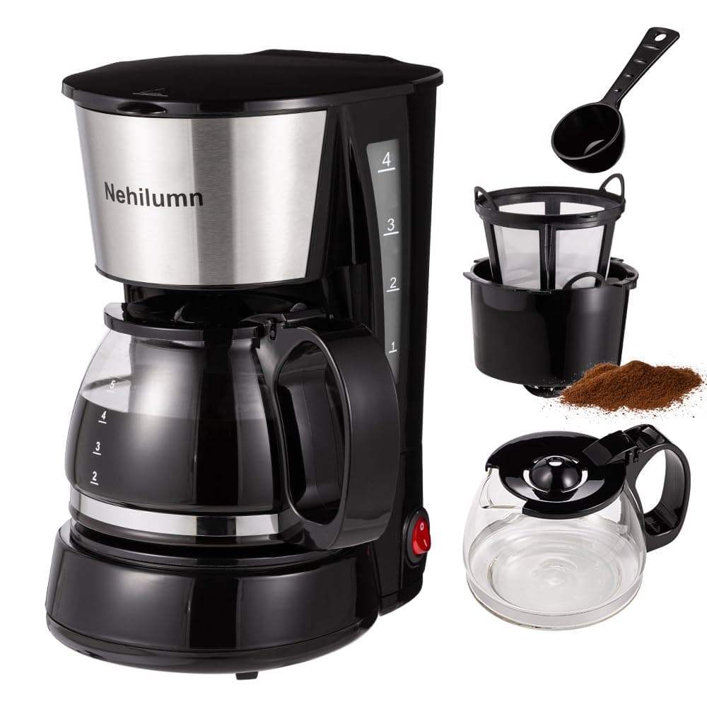 4 Cups Drip Coffee Maker, Coffee Pot Machine Permanent Coffee Filter, Mini,20Oz Electric Coffee Maker,650W Black and Stainless Steel