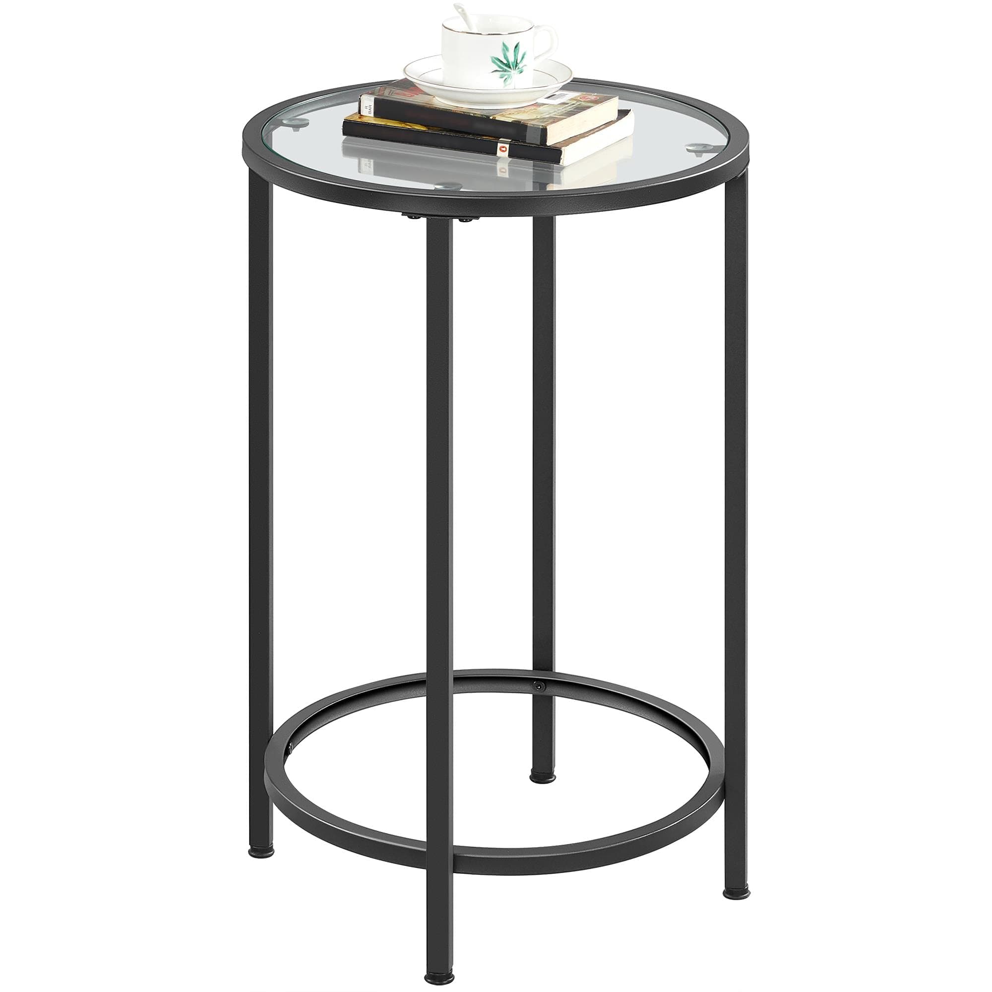 Yaheetech Glass End Table, Round Side Table, Small Coffee Accent Table Nightstand w/Glass Top & Metal Frame for Living Room/Balcony/Bedroom/Porch/Small Space, Modern Style, Black