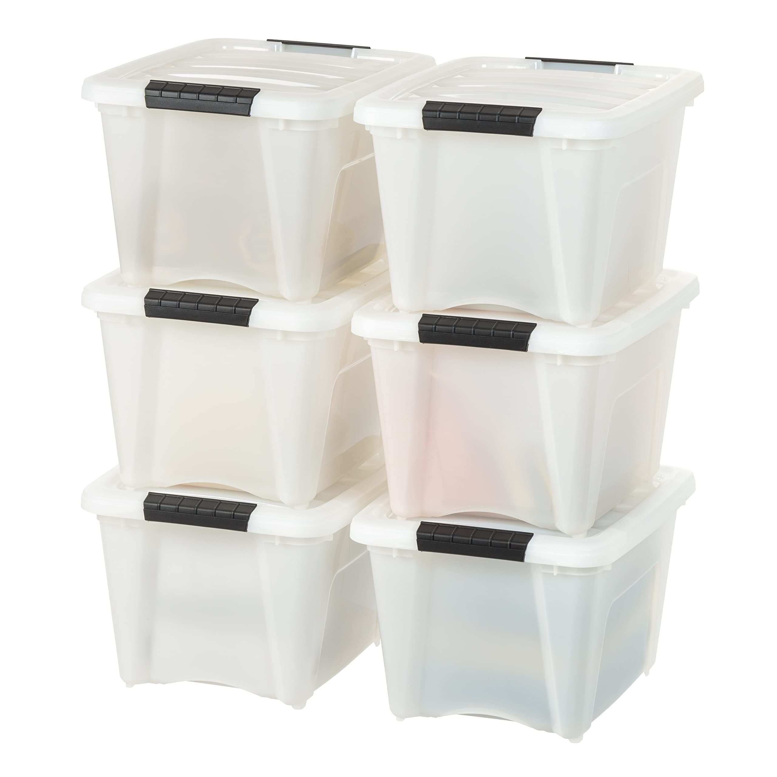 19 Qt Stackable Plastic Storage Bins with Lids, 6 Pack - BPA-Free, Made in USA - Discreet Organizing Solution, Latches, Durable Nestable Containers, Secure Pull Handle - Pearl