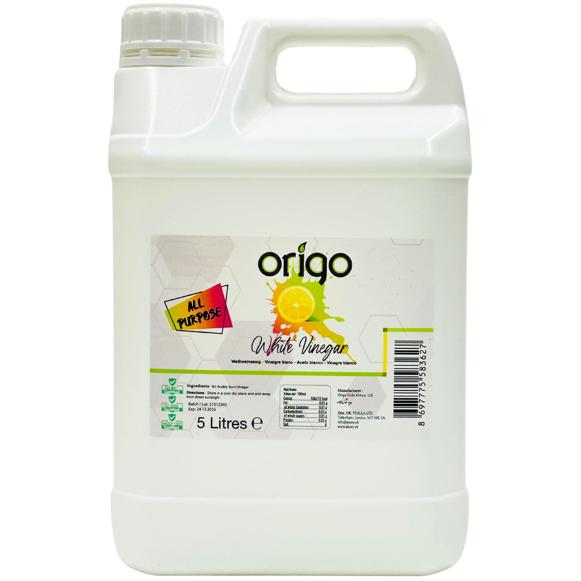 Origo White Vinegar for Cleaning, Pickling, Distilled White Vinegar - 5L Bottle with Fresh Lemon Scent | Ideal for Weed Killer, Household, Cooking & More Uses