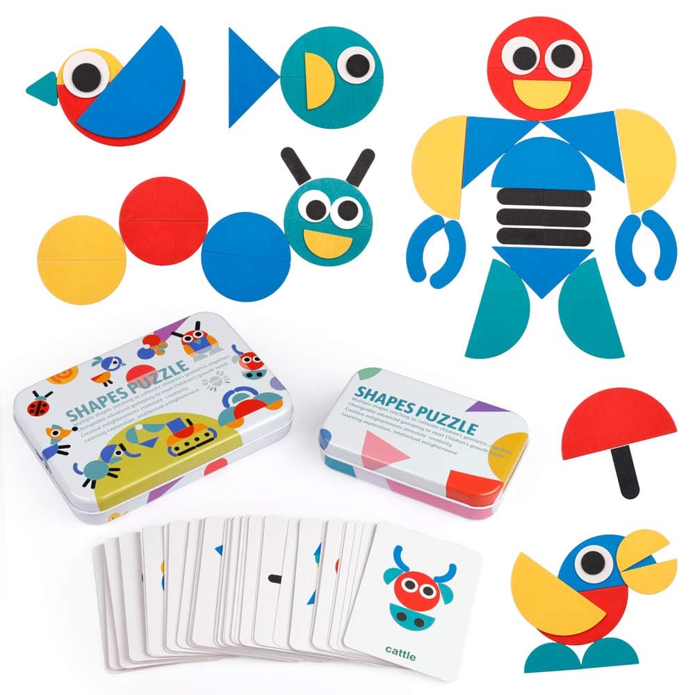 Wooden Pattern Blocks - Tangram Shape Puzzle Set Color Sorting Stacking Game Wood Animal Jigsaw Preschool Brain Teaser STEM Gift for 3 4 5 Years Old Toddler Kid (60 Pattern Cards)