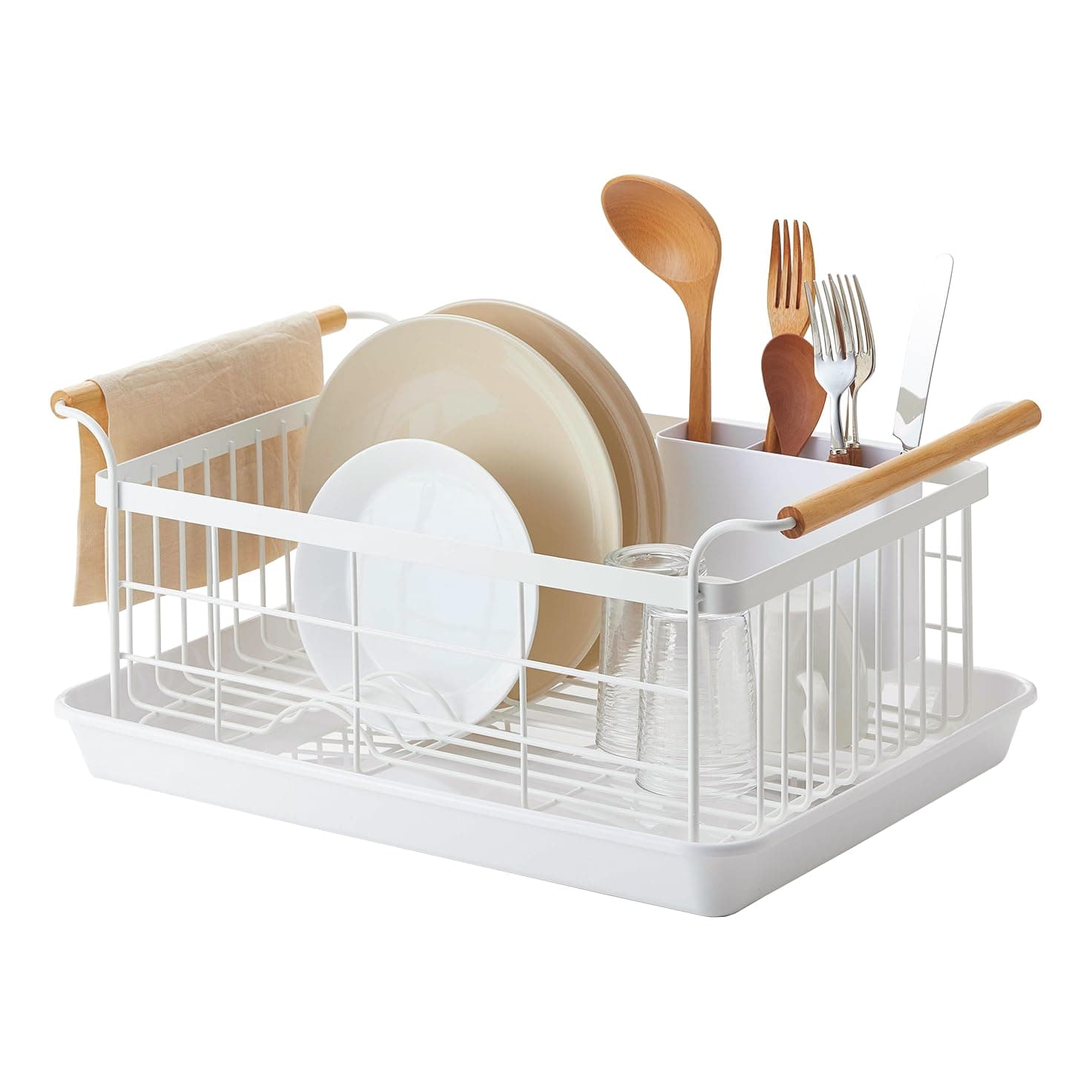 - Home Dish Drying Rack – Modern White Dish Rack for Kitchen Counter with Removable Drainer Tray and Cutlery Holder, Steel + Wood Dish Drying Organizer - Steel + Wood -