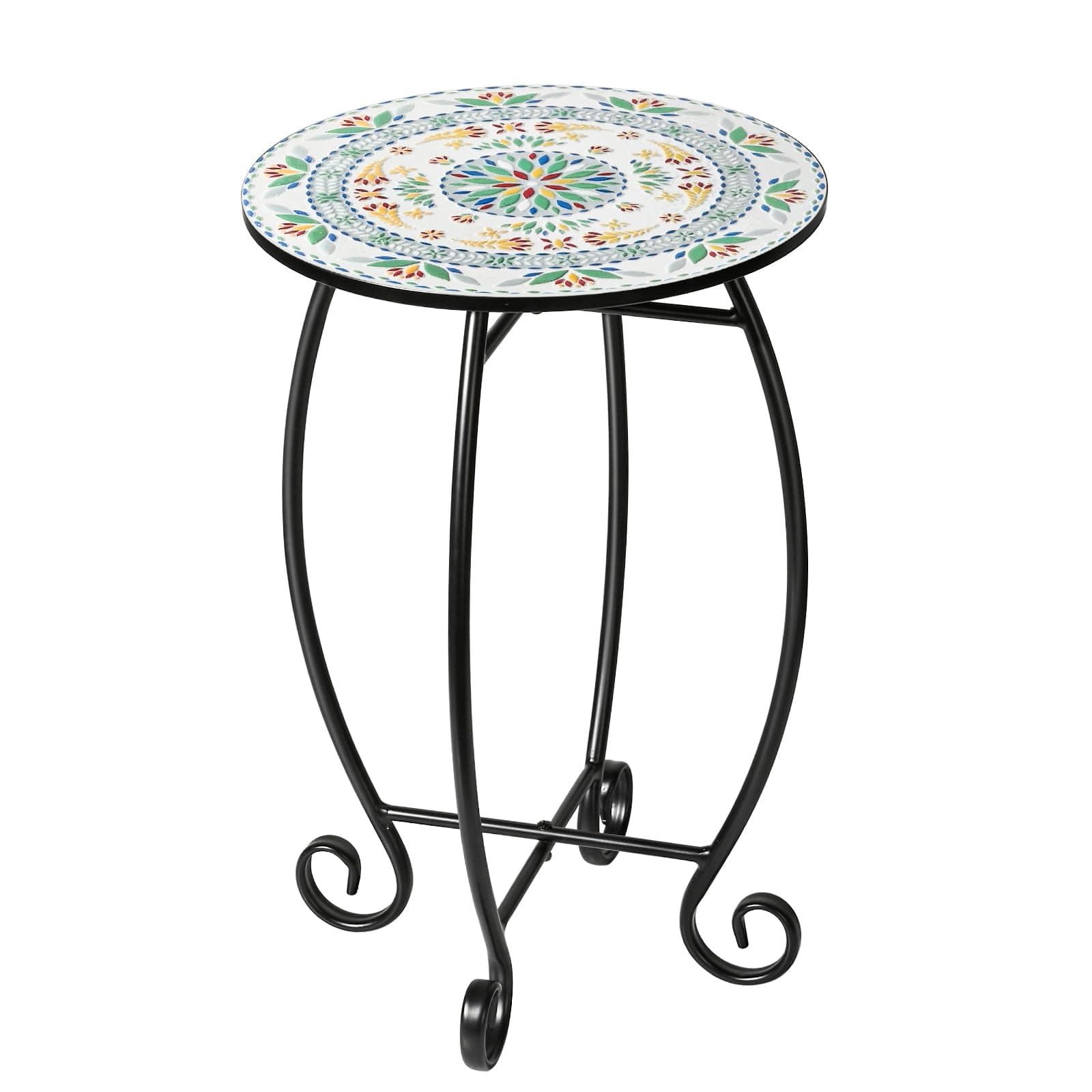 ππ’ππ ππππ₯π, 14" Round End Table, Unique Relief Ceramic Tile Tabletop with Metal Frame, Metal Scrollwork Accent Table, Coffee Tea Table Nightstand for Living Room, Bedroom, Indoor Outdoor Use