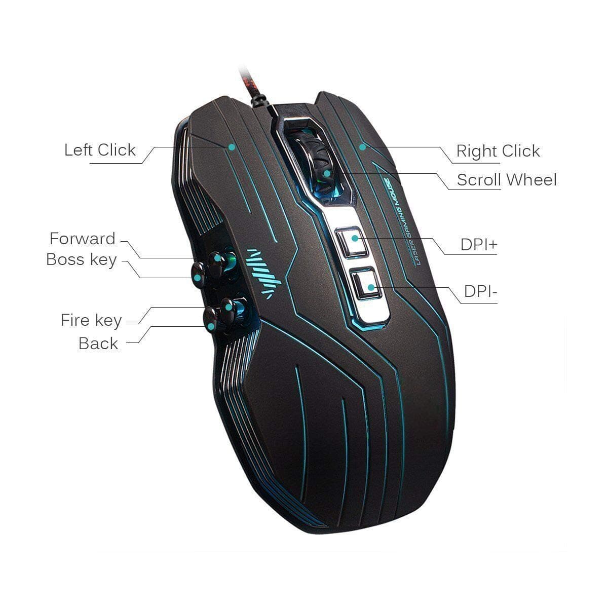 Gaming Mouse Programmable Wired LED Optical 9 Buttons with 1200/1600/2400/3200 DPI for Pc/Mac/Notebook(Black)