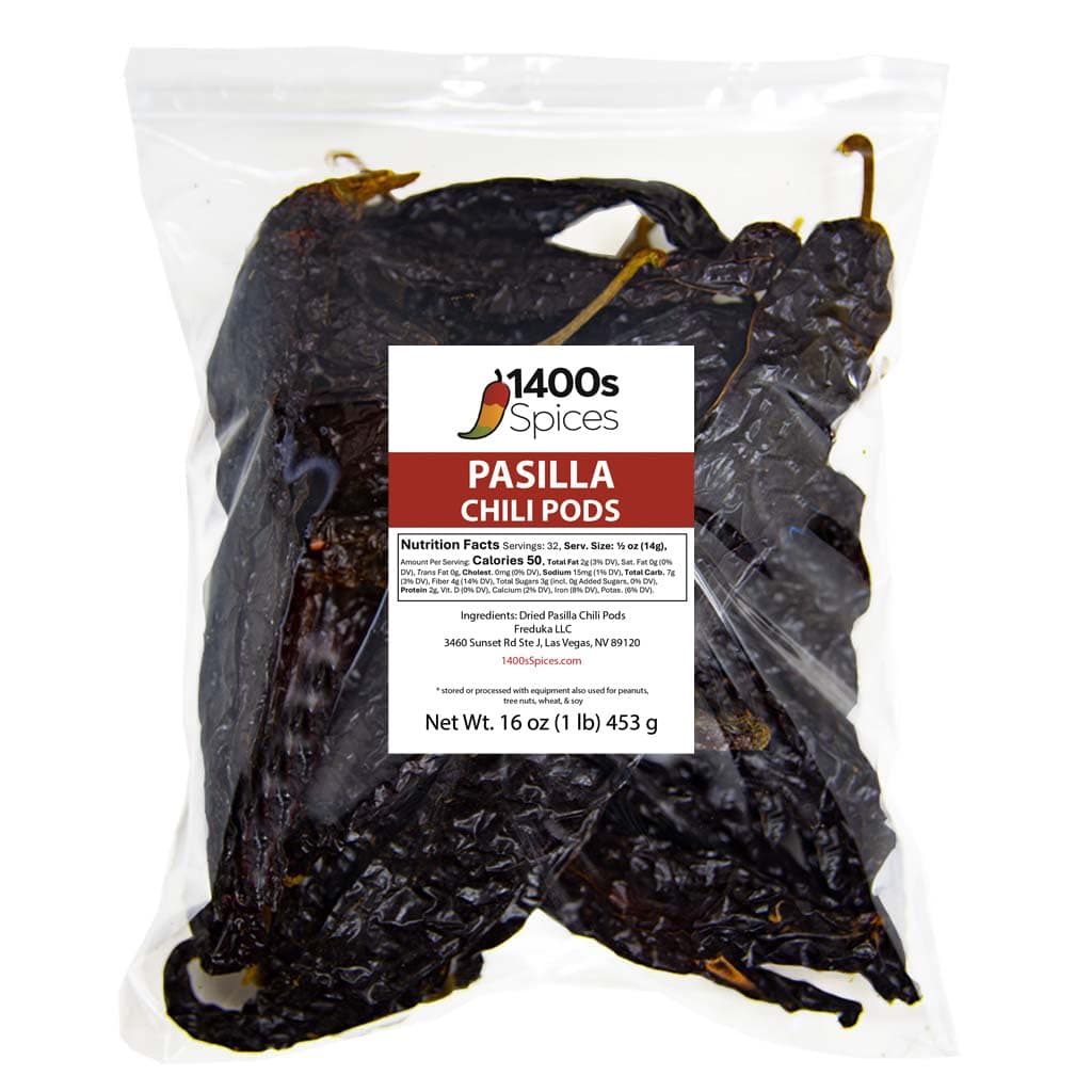 1lb Pasilla Negro Chilaca Dried Whole Chile Seco Peppers Food Service Size, Chili Pods for Authentic Mexican Food, Heat-Sealed Resealable Bag by 1400s Spices