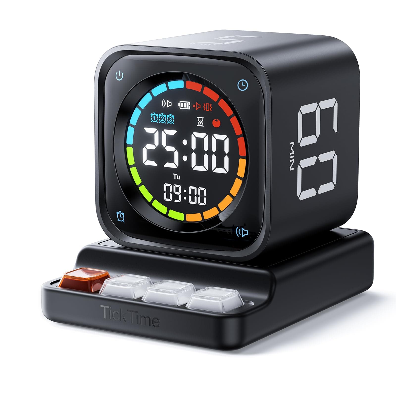 TK3 Pomodoro Timer Cube, Desk Productivity Timer with 5/10/30/60 Min Presets, Custom Countdown, Stopwatch, Clock, 3 Alarm, Silent, Vibrate & Sound Mode, for Task, ADHD, Study, Kitchen, Black