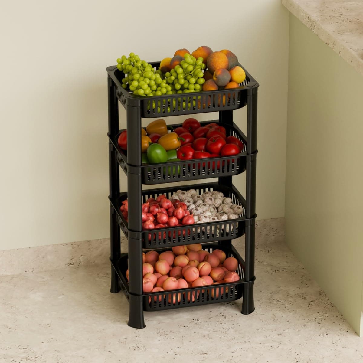 Multipurpose Plastic Kitchen Rack with Baskets | Vegetable & Fruit Storage Stand | Strong & Durable Organizer for Kitchen, Bathroom & Utility (4 Layer, Black)
