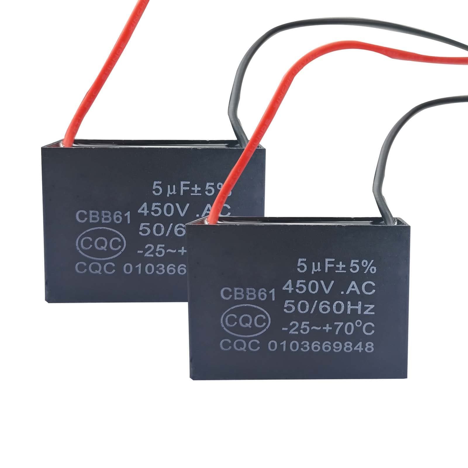 CBB61 Ceiling Fan Capacitor 2 Wire 5uf Compatible with 400/350/300/250VAC Fan Capacitor 50/60Hz CBB61-5(2 Pack)