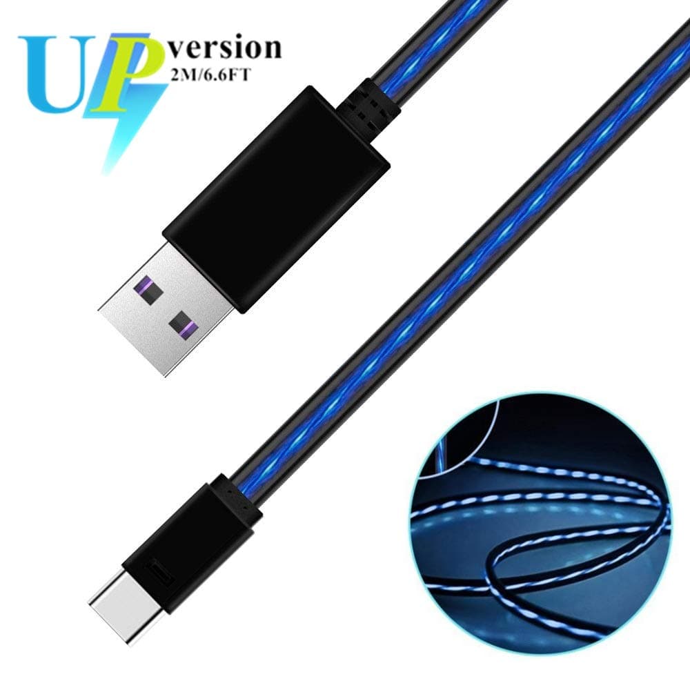 iCrius 6ft Visible Flowing LED Light Type C Cable Fast Charging USB 3.0 to C Charger Cord for Samsung Galaxy S10 S9 Note 9 8 S8 Plus, LG V30 V20 G6 G5, Google Pixel, Nintendo Switch, MacBook (Blue)