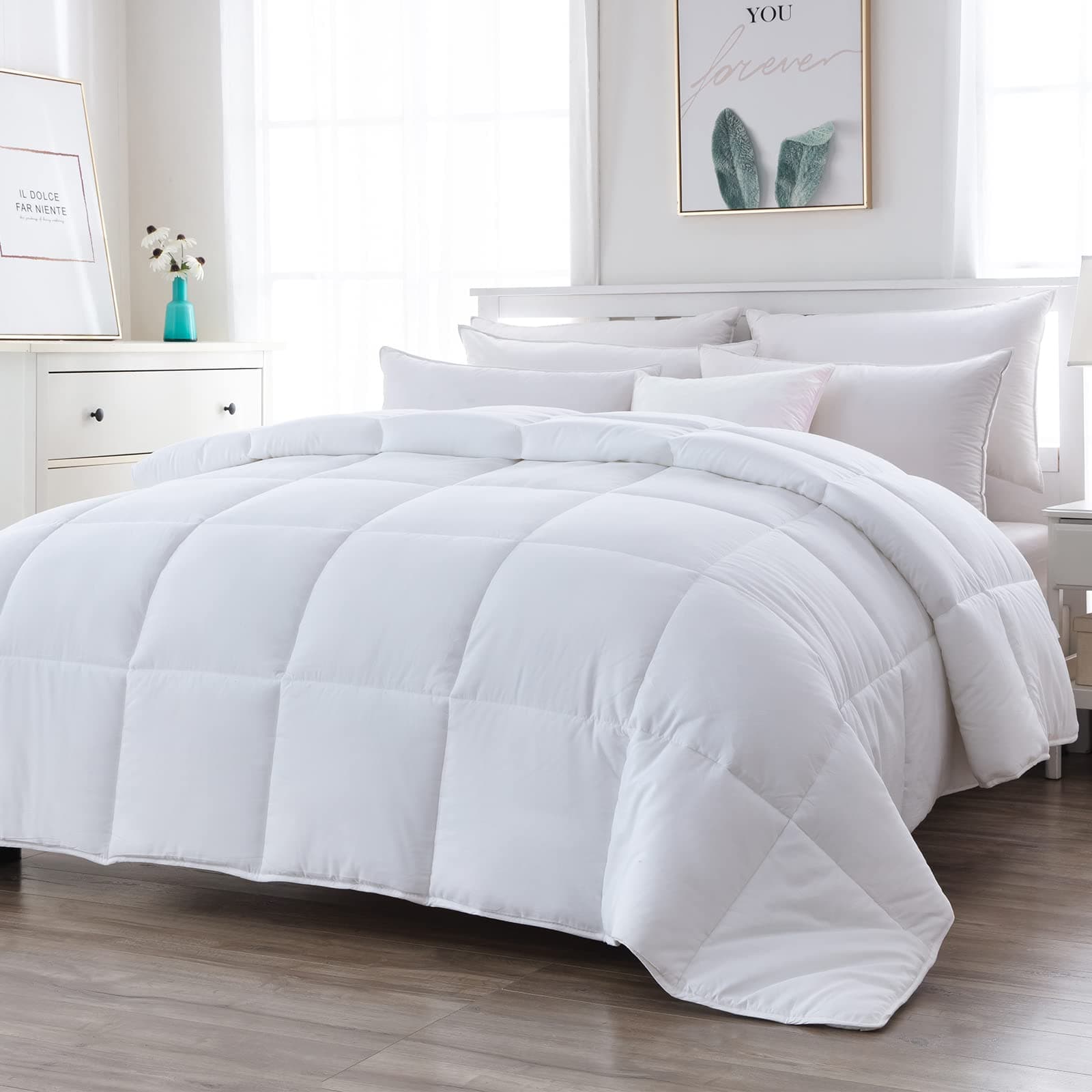 DWR Down Alternative Comforter King Size, Bio-Based Duvet Insert for All-Season, Ultra-Soft Plush 250GSM Medium Warm Quilted Bed Comforter with Tabs (104x88 Inches, White)