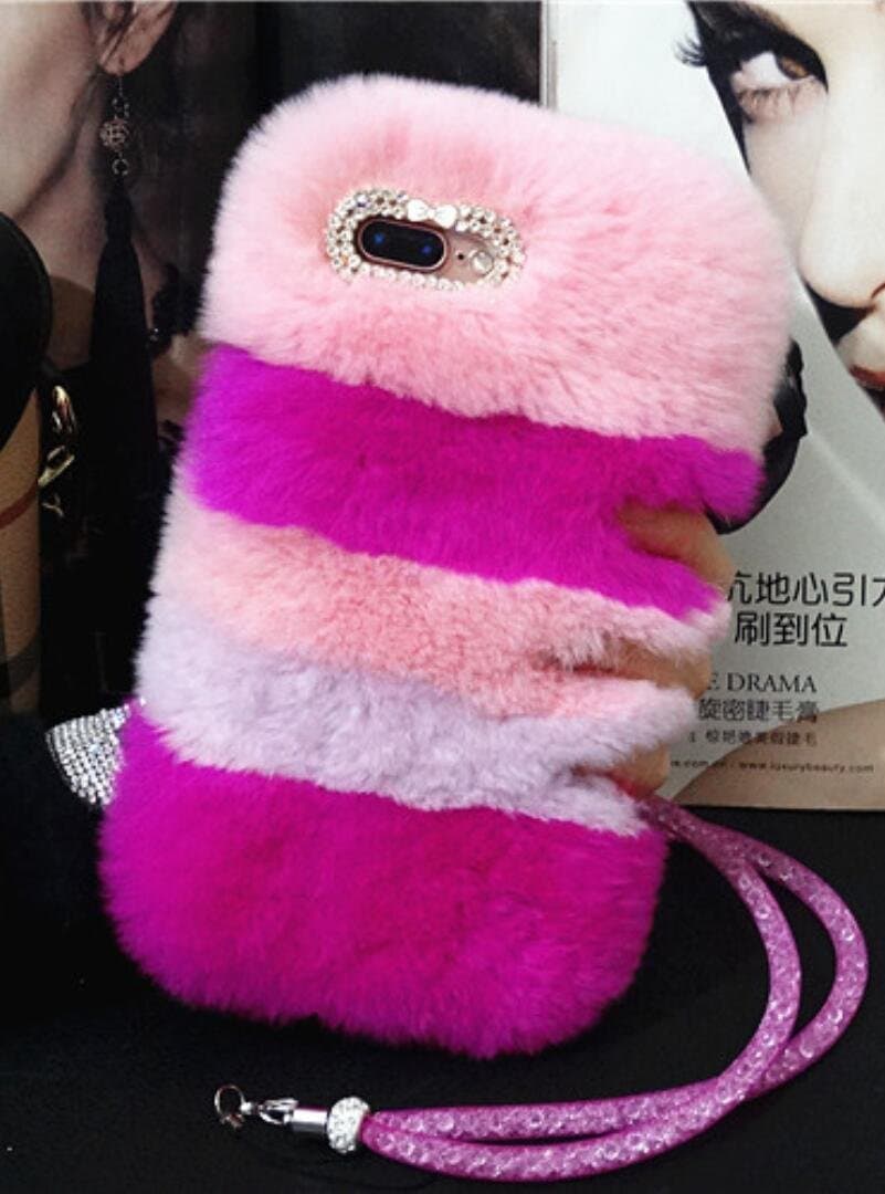 Losin Compatible Plush Case for iPhone 7 Plus/iPhone 8 Plus 5.5 Inch Fashion Luxury Cute Colorful Fuzzy Furry Winter Rabbit Hair Warm Plush Fluffy Fur Soft TPU Back case
