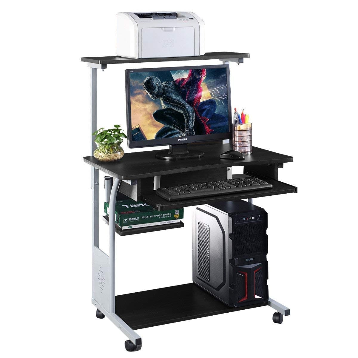 Tangkula Computer Desk, Small Rolling Study Table, Compact Home Office Furniture Laptop Workstation, with Pull Out Keyboard Tray & Smooth-Rolling Wheels