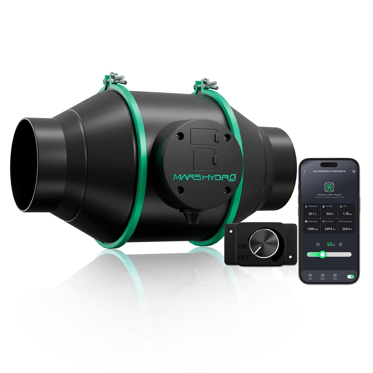 Mars Hdyro iFresh 4 Inch Smart Inline Duct Fan with Variable Speed Controller, 205 CFM App Control Ventilation Exhaust Fan for Grow Tents, Hydroponics