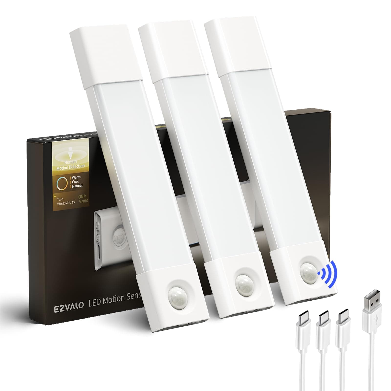 EZVALO 3 Pack 8'' Under Cabinet Kitchen Lights, Motion Sensor 30 LED Rechargeable, Dimmable 3 Color Temps, Magnetic Under Cupboard Lights for Wardrobe Pantry Bedroom