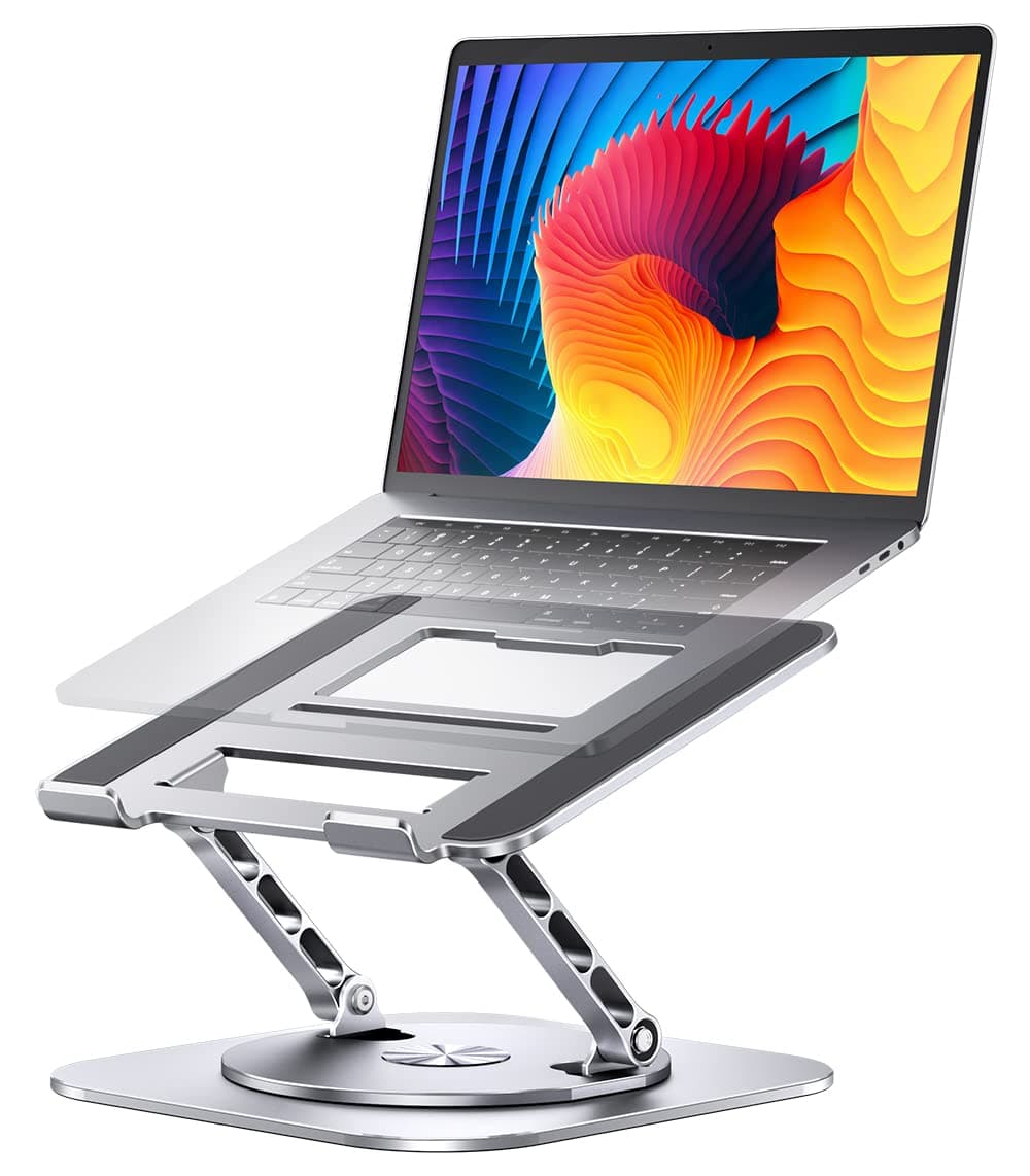 Adjustable Computer Stand with 360 Rotating Base, Ergonimic Foldable Laptop Riser for Desk Compatible with MacBook Pro/Air Notebook up to 16 Inches, Silver