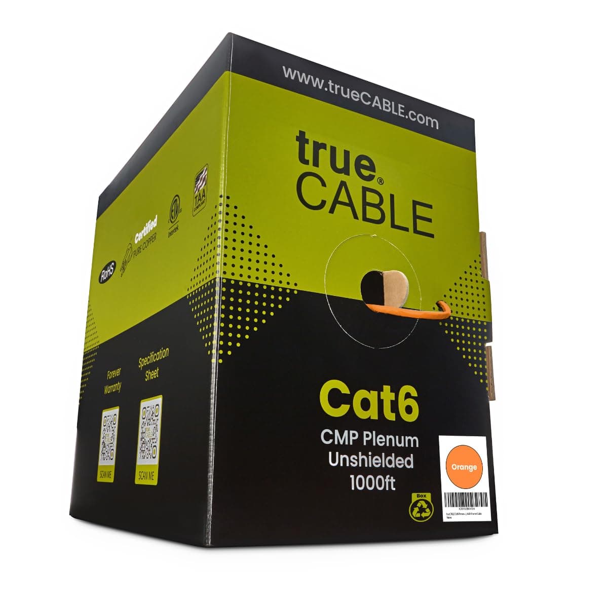 trueCABLE Cat6 Plenum (CMP), 1000ft, Orange, 23AWG 4 Pair Solid Bare Copper, 550MHz, PoE++ (4PPoE), ETL Listed, Unshielded Twisted Pair (UTP), Bulk Ethernet Cable