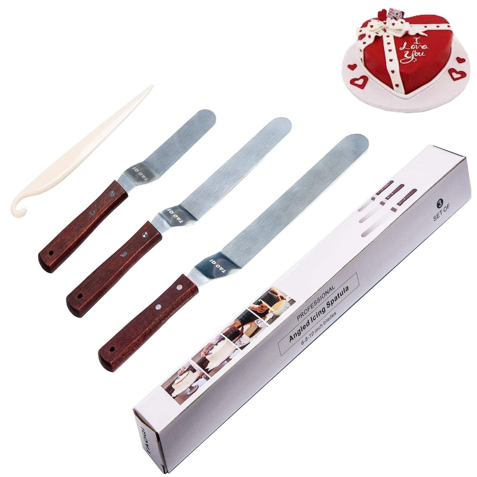 Offset Spatula, Icing Spatula Set Angled Cake Decorating with 6" 8" 10" Blade, Stainless Steel Frosting Spatula Knife Professional Cake Stripping Tool with Wooden Handle