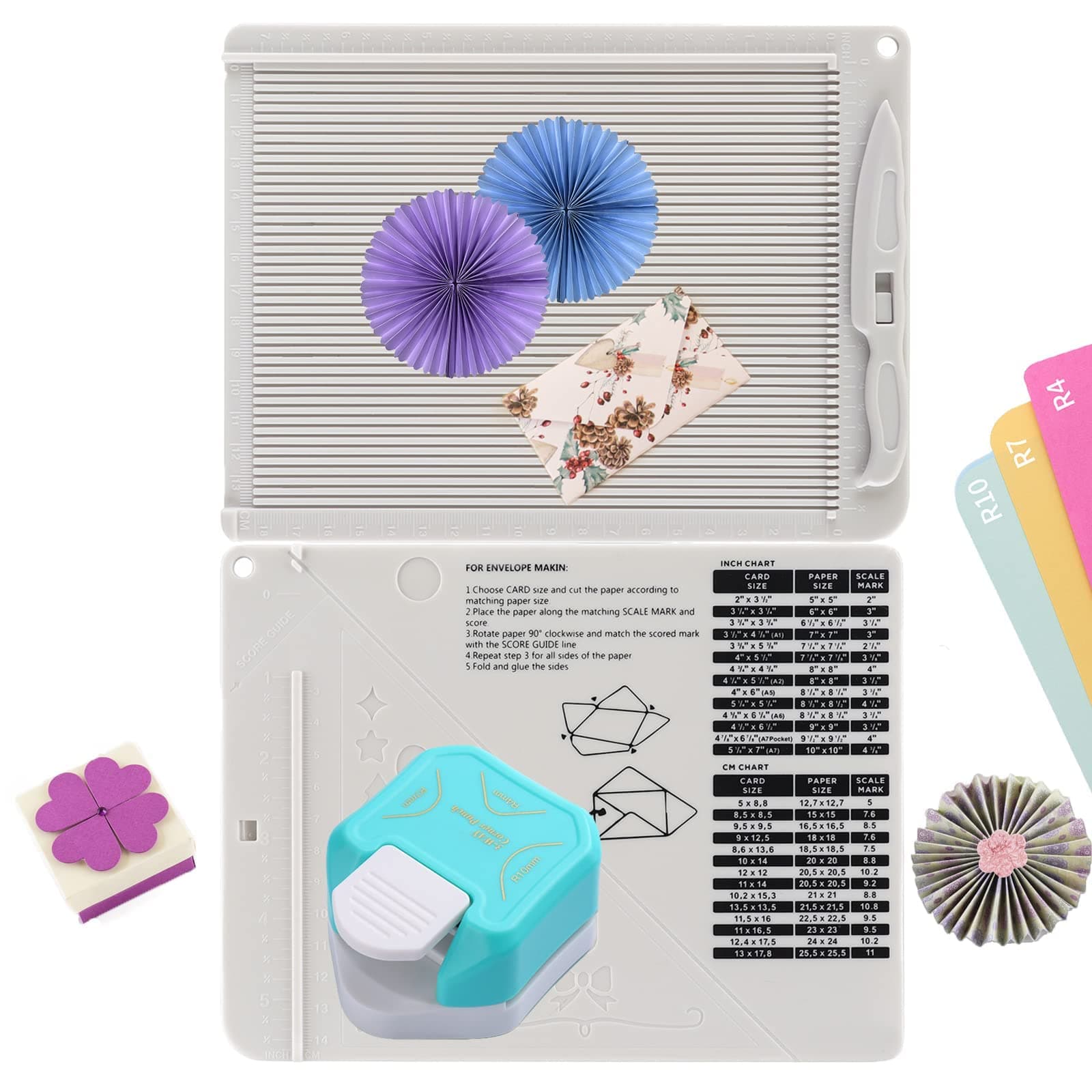 BAOFALI 2Pcs Score Board Multi-Purpose Scoring Board Envelope Maker with Bone Folder and 3 in 1 Corner Rounder Paper Punchfor Card Making and DIY Projects Multi- Purpose Scoring Board Score and Fold Tools.