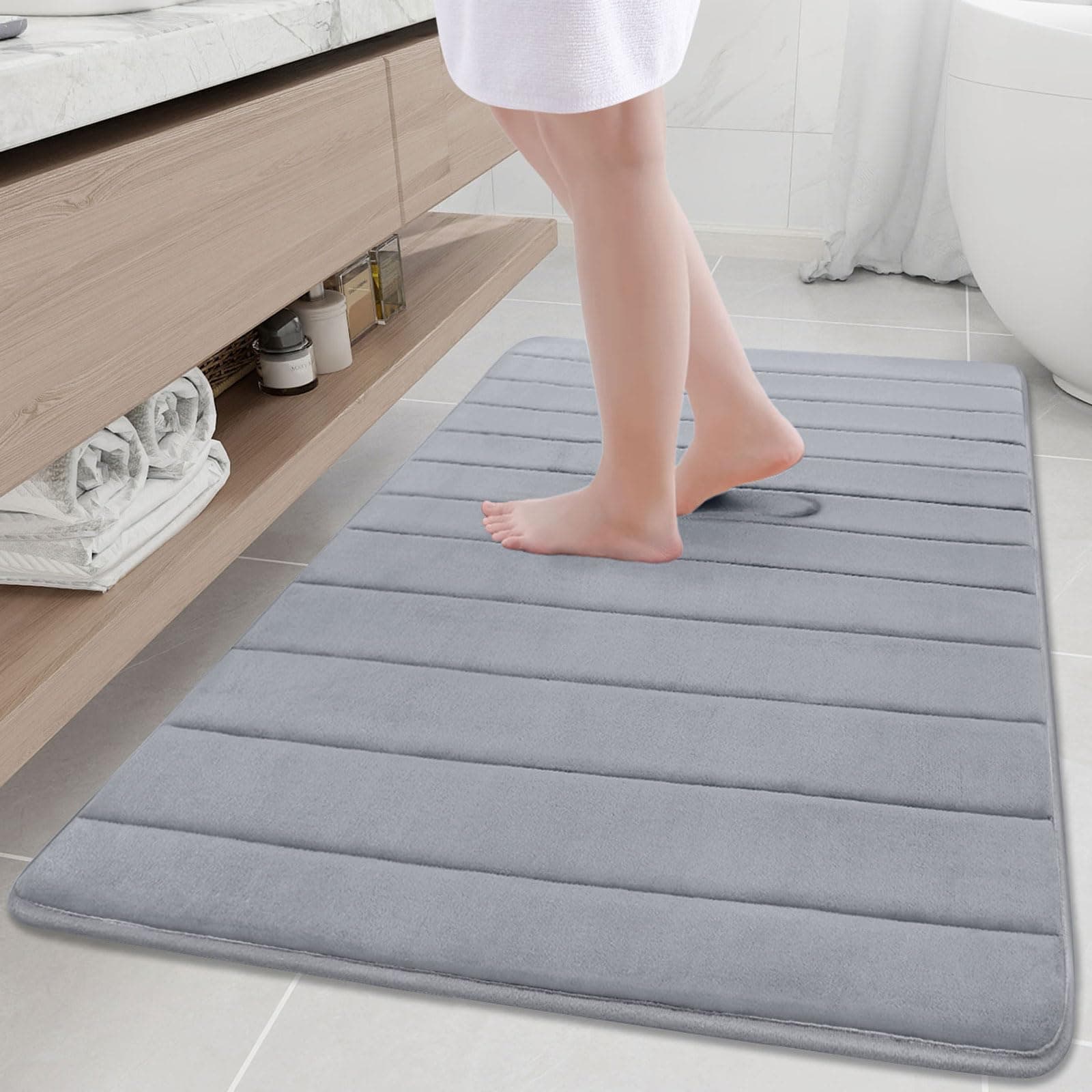 Buganda Memory Foam Bath Mat, 2'8" x 3'11"(32" x 47"), Ultra Soft and Non-Slip Bathroom Rugs, Water Absorbent and Machine Washable Bath Rug Runner for Bathroom, Shower, and Tub, Medium Grey
