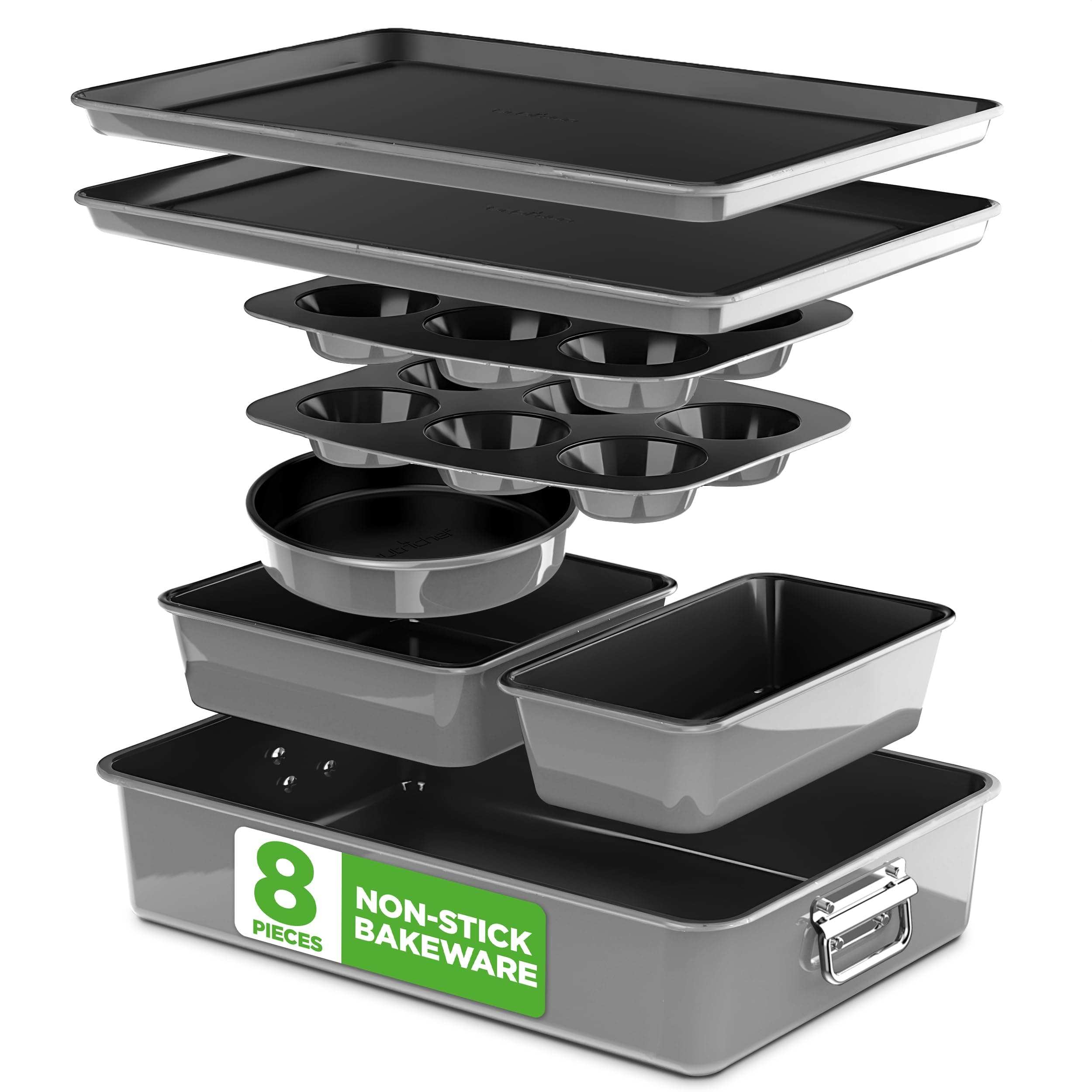 NutriChef 8-Piece Nonstick Stackable Bakeware Set - PFOA, PFOS, PTFE Free Baking Pans Set w/Non-Stick Coating, 450°F Oven Safe, Round Cake, Loaf, Muffin, Wide/Square Pans, Cookie Sheet (Gray)