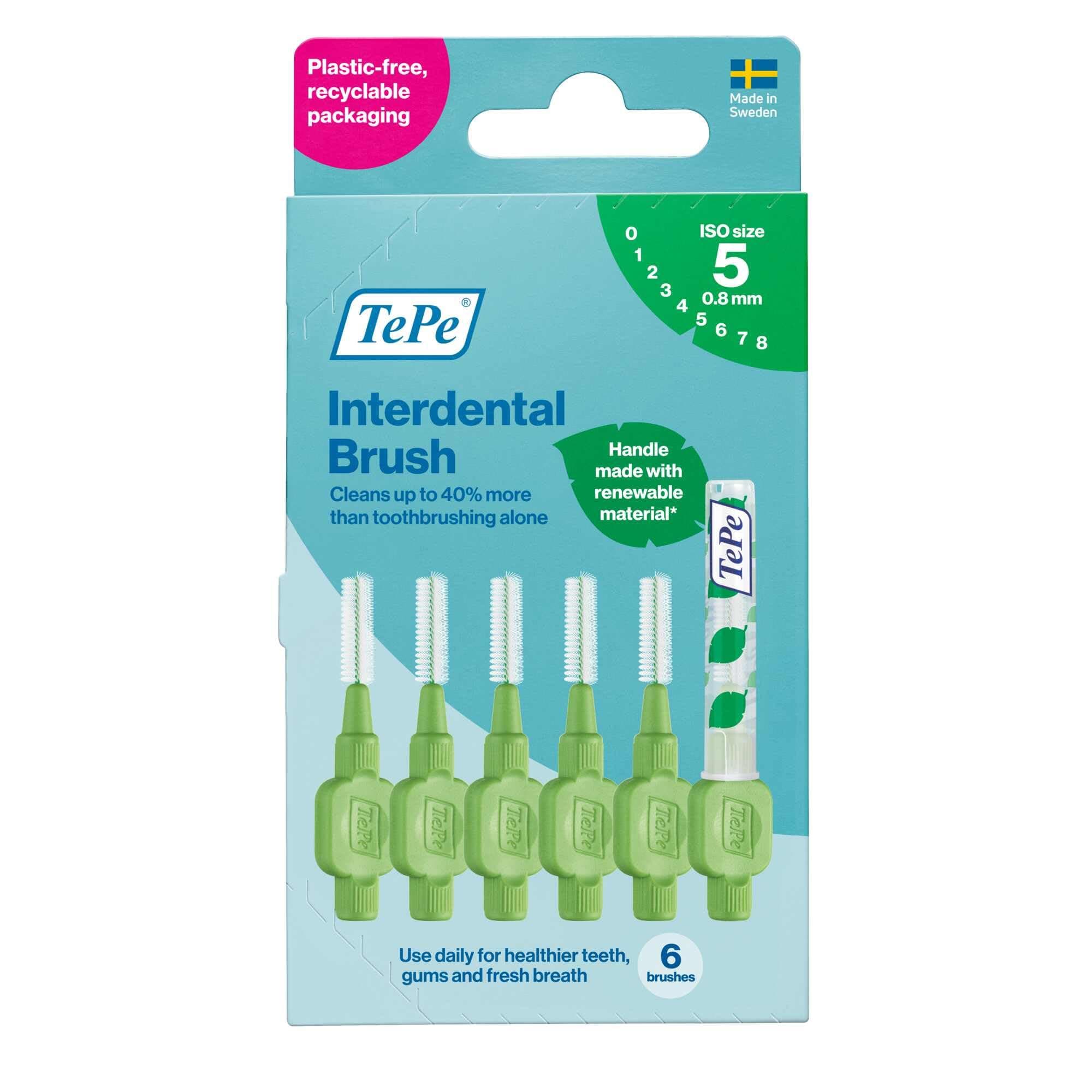 Interdental Brush Original, Soft Dental Brush for Teeth Cleaning, Pack of 6, 0.8mm, Large Gaps, Green, Size 5