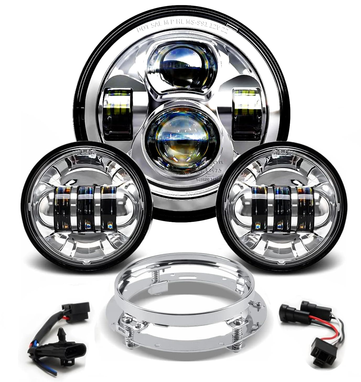 New 7" LED Headlight 4.5" Auxiliary Fog Lights Kit for Motorcycle Accessories Compatible With Harley Davidson Street Glide Electra Ultra Classic Road King Heritage Softail Tri Fatboy-Chrome