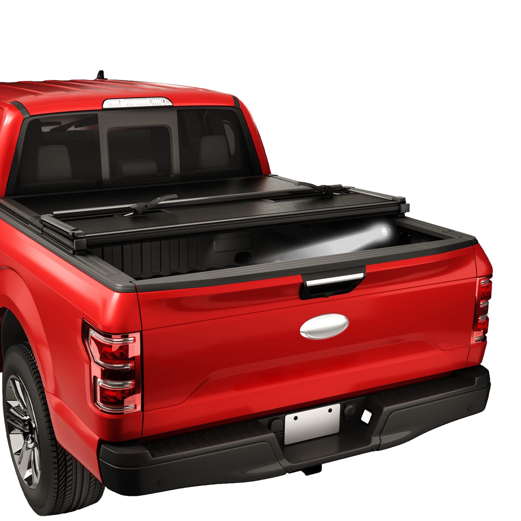 CARMOCAR Hard Tri-Fold Tonneau Cover Truck Bed Replacement for Ford F-150 2015-2024 Styleside Waterproof Tonneau Covers Top Mount Assembly LED Lamp 6'5" Bed
